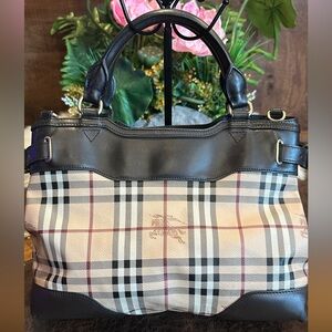 Authentic Dark brown beige Haymarket check PVC and Leather handbag.